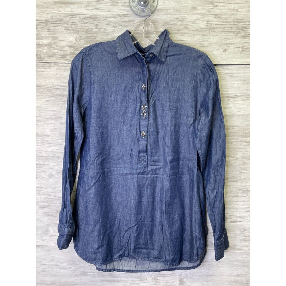 LOFT Blouse XS Womens Blue Chambray Long Sleeve Rhinestone Button Cotton‎ Blend